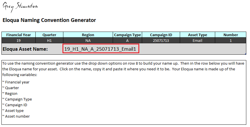 Generated Eloqua asset name in the workbook.