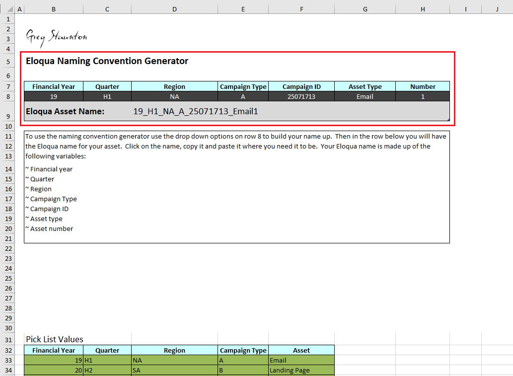Name generator section of the workbook.