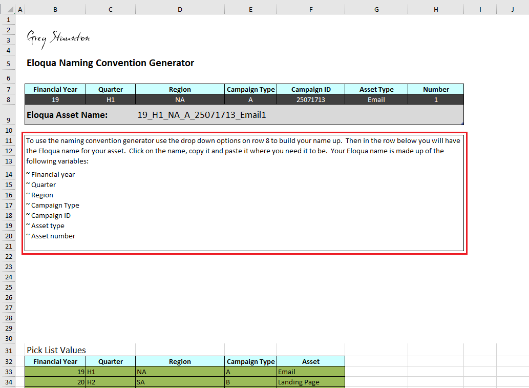 Instruction section of the naming convention workbook.