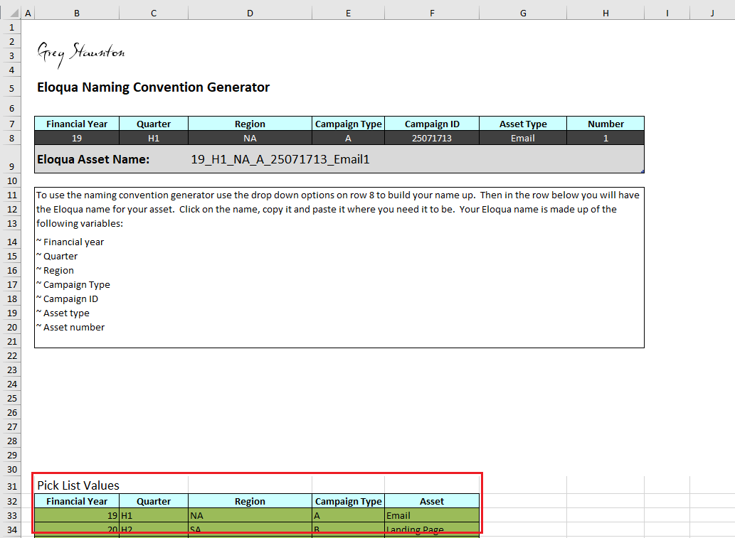 Drop-down values section of the naming convention workbook.