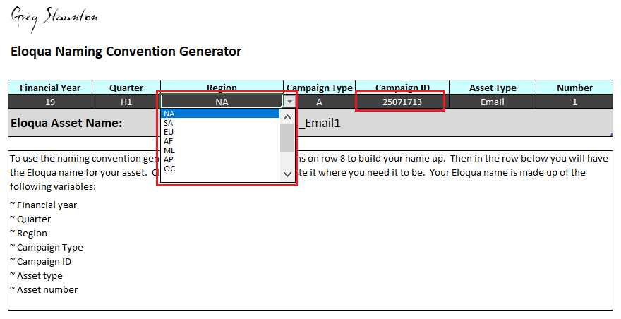 Workbook drop-downs used to select naming convention values.