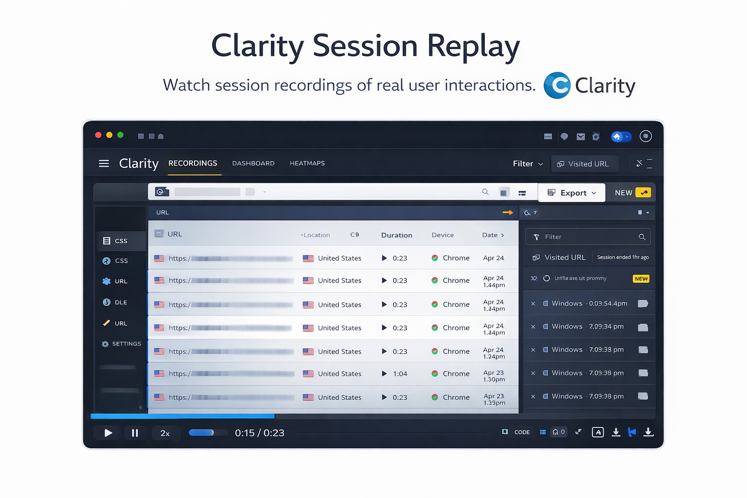 Microsoft Clarity session replay interface