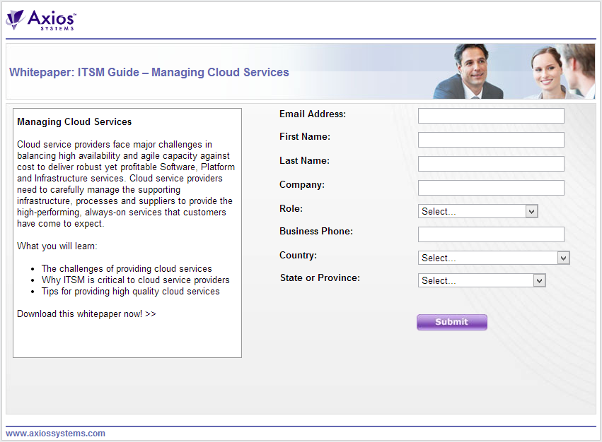 Eloqua lead nurture landing page contact details.