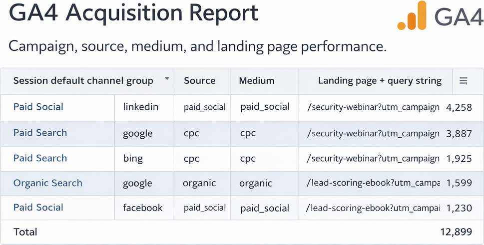 GA4 acquisition report showing UTM campaign, source and medium