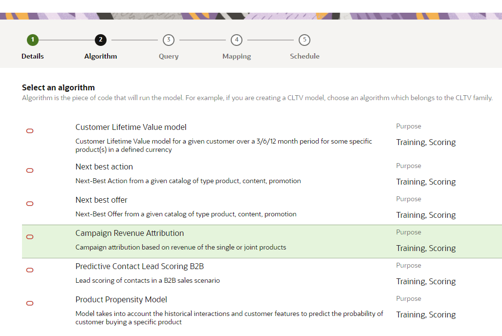 Oracle Unity machine learning model screen with campaign revenue attribution selected.