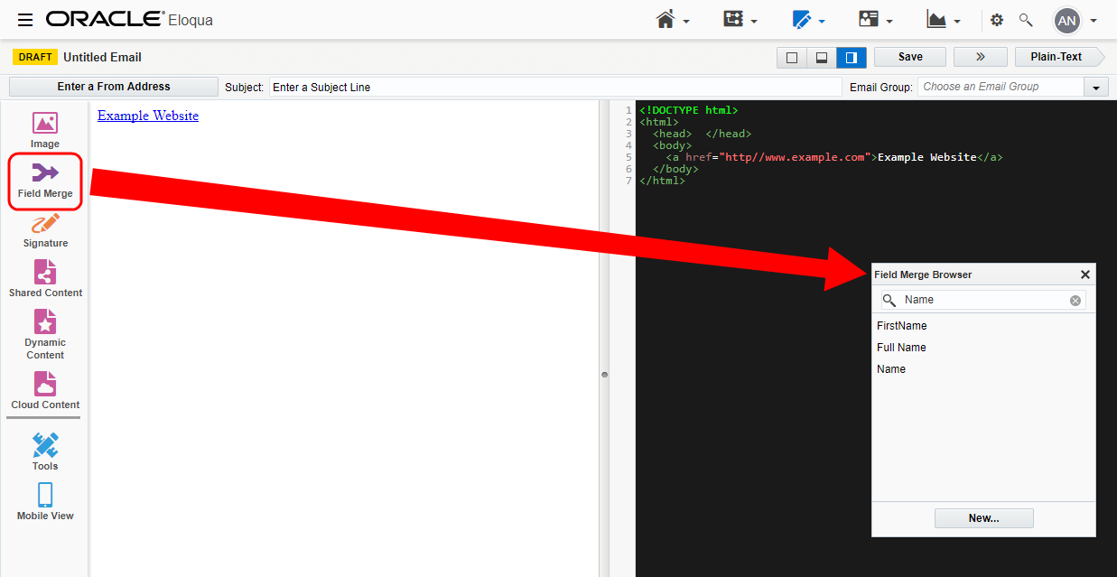 Oracle Eloqua editor using field merge data for personalised marketing content.